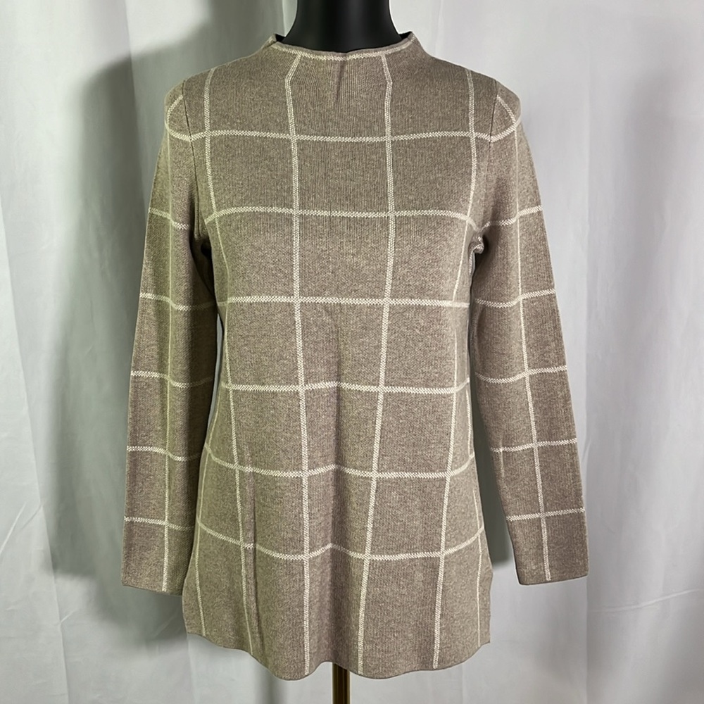 LOFT Tan & White Grid Plaid Long Sleeve Mock Neck Cotton Sweater